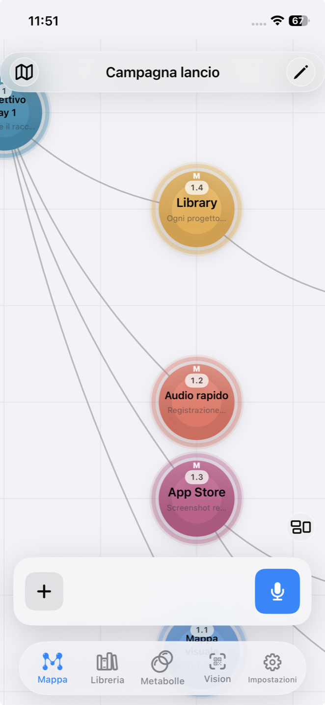 Metabolla app showing a sample project map with connected bubbles